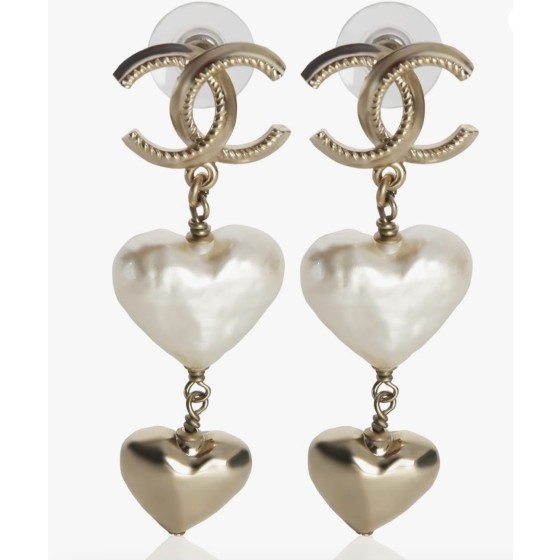 CHANEL Pre-Loved 2022 Faux Heart Pearls & CC Drop Earrings, Gold Plated, 60 mm